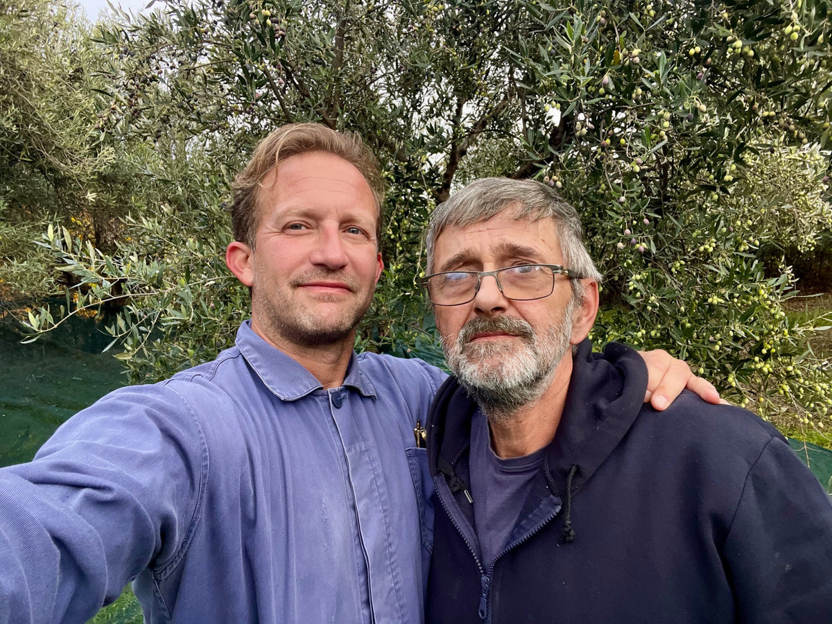 Two people in an olive grove in Mani